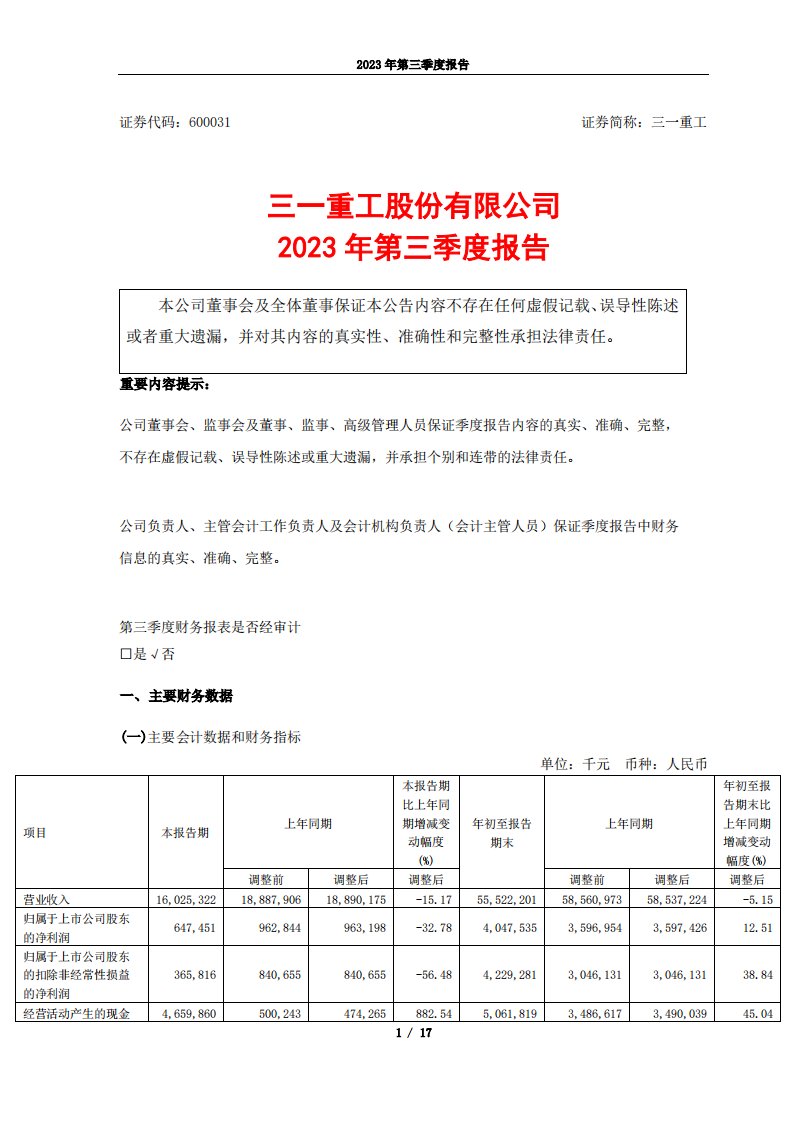 上交所-三一重工股份有限公司2023年第三季度报告-20231030