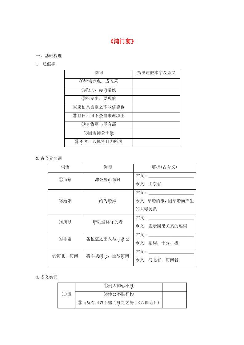 宁陕蒙青川2024届高考语文一轮复习练习板块五文言文阅读教材文言文复习26鸿门宴