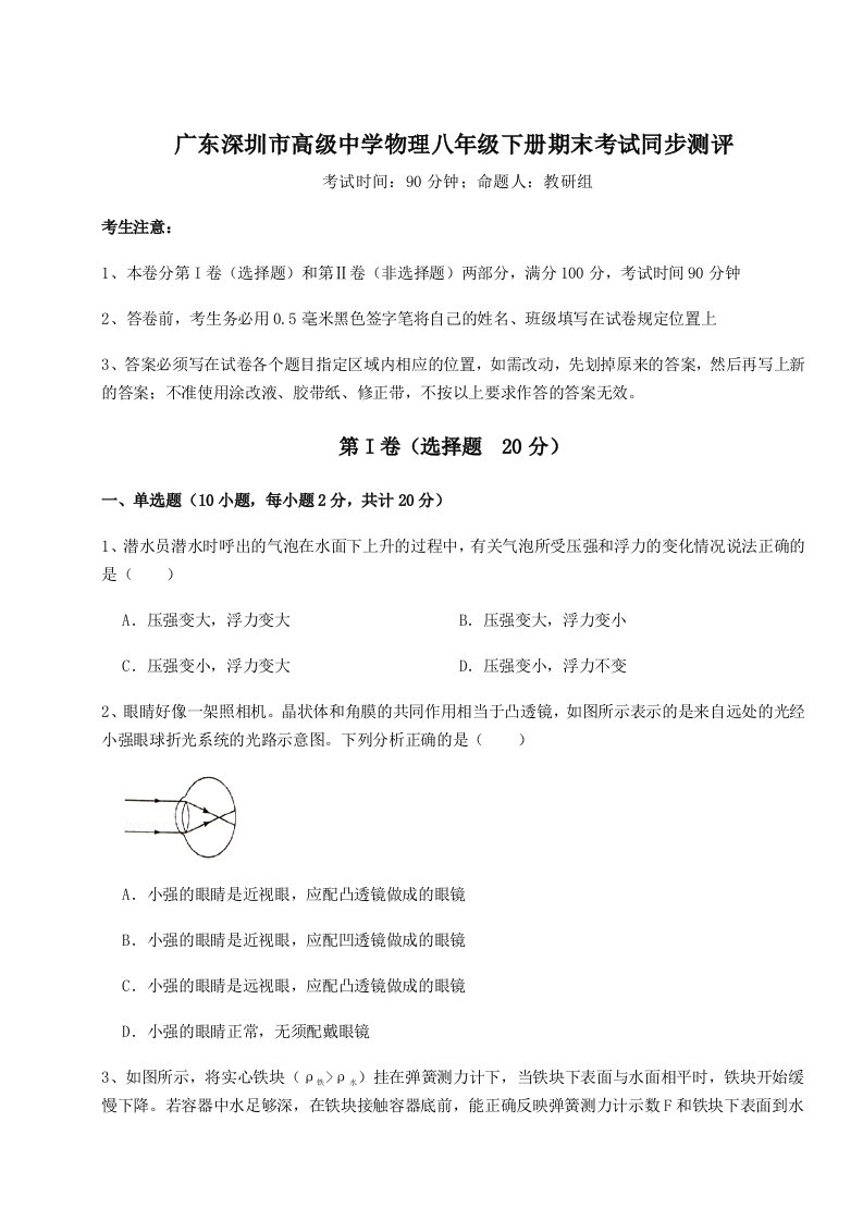 2023-2024学年度广东深圳市高级中学物理八年级下册期末考试同步测评试卷（含答案详解版）