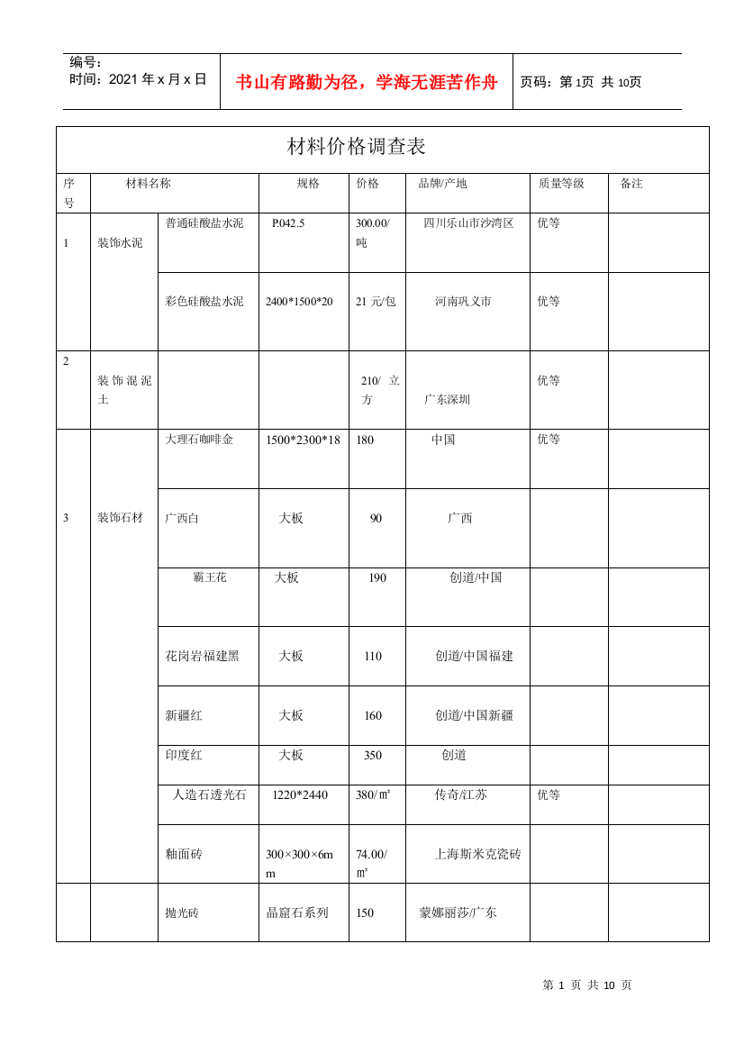 材料价格调查表