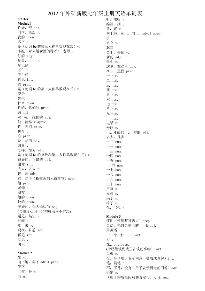 外研社七年级上册英语单词表供默写