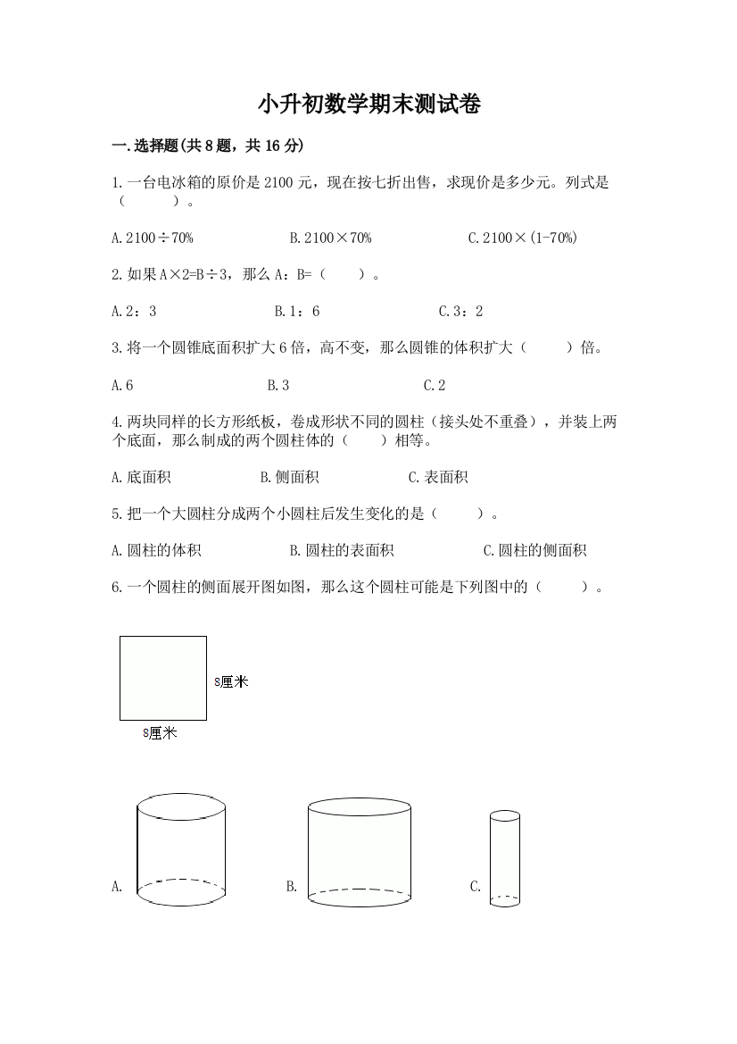 小升初数学期末测试卷精品(全优)