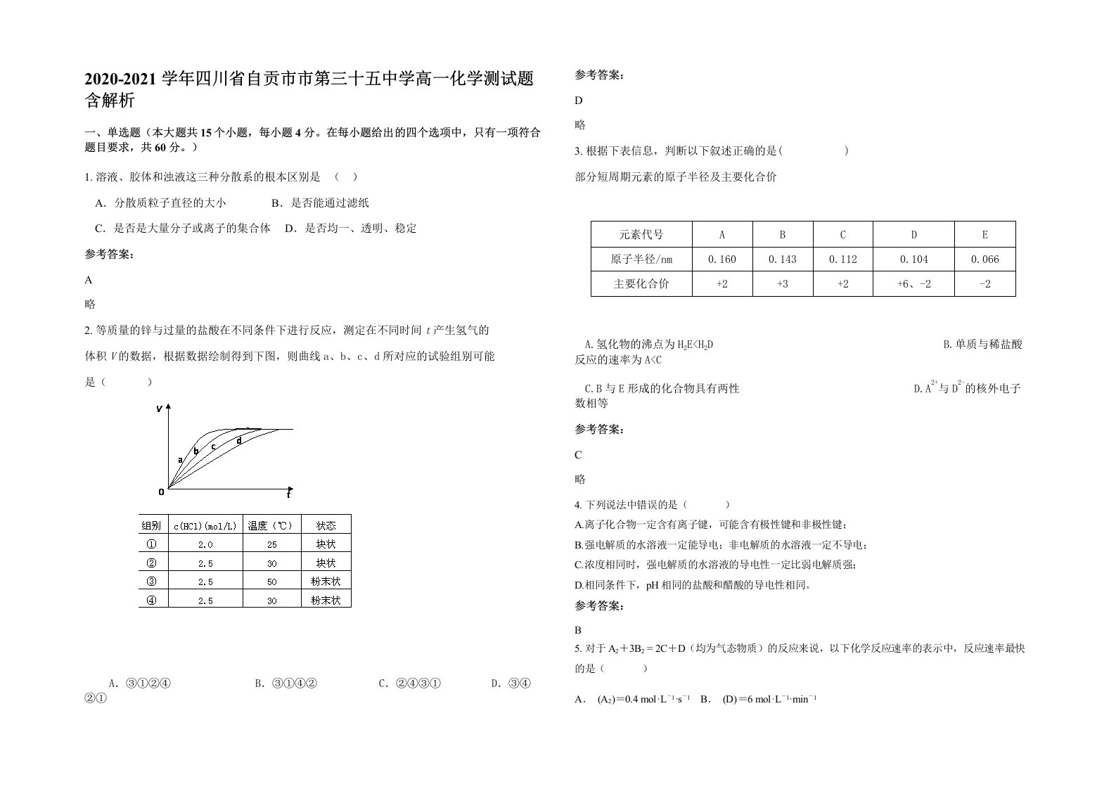 2020-2021学年四川省自贡市市第三十五中学高一化学测试题含解析