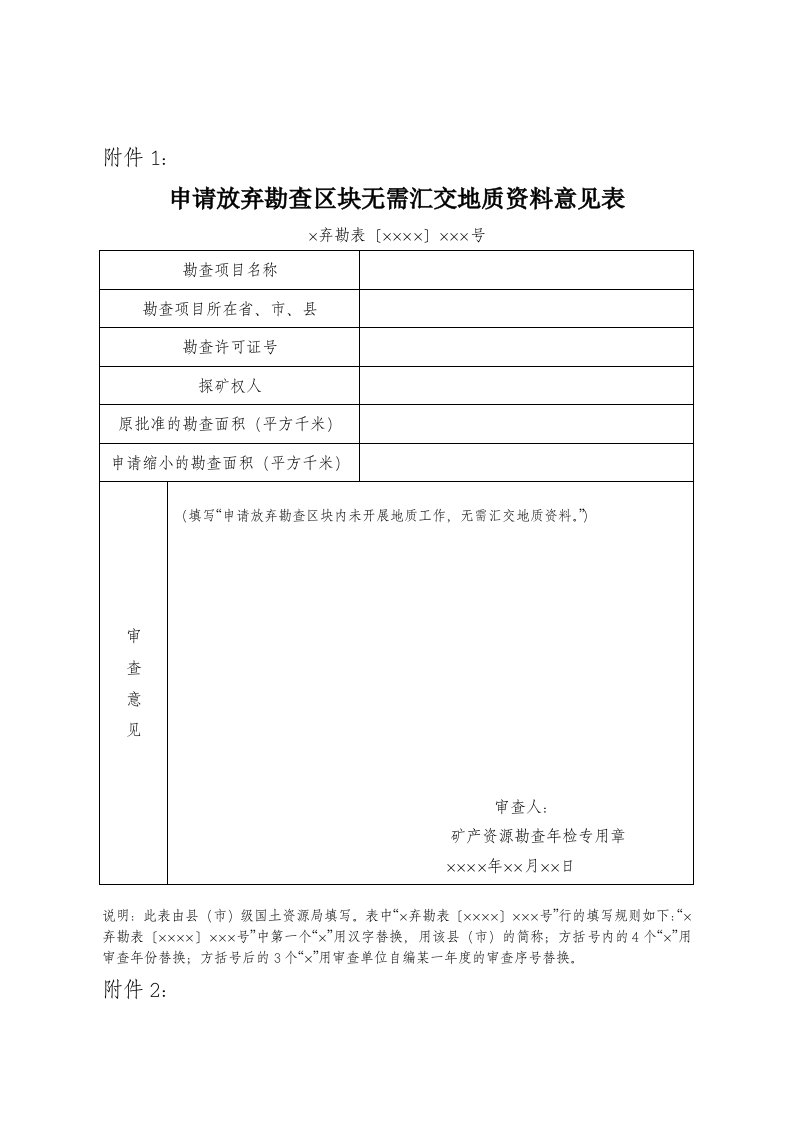 申请放弃勘查区块无需汇交地质资料意见表