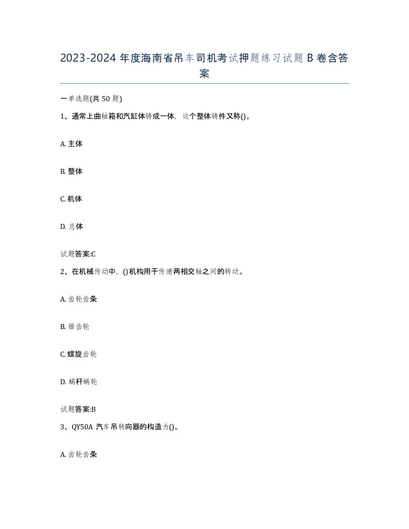 20232024年度海南省吊车司机考试押题练习试题B卷含答案