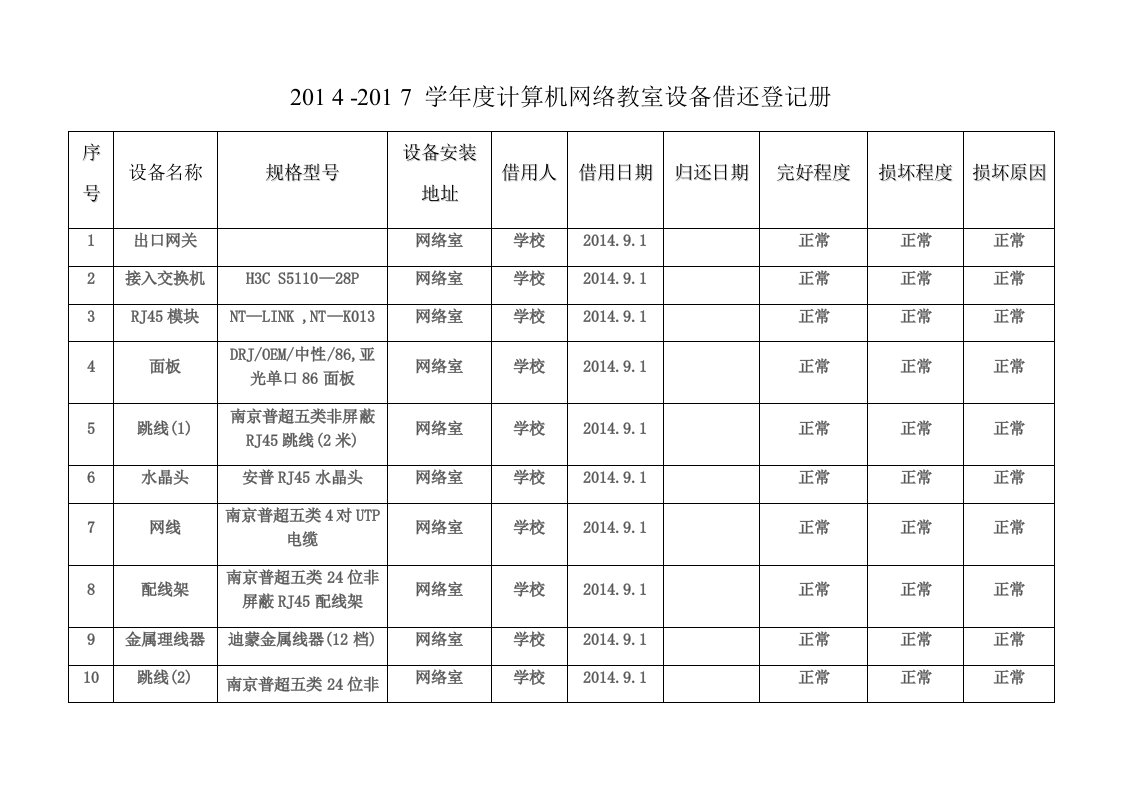 计算机网络教室设备借还登记册