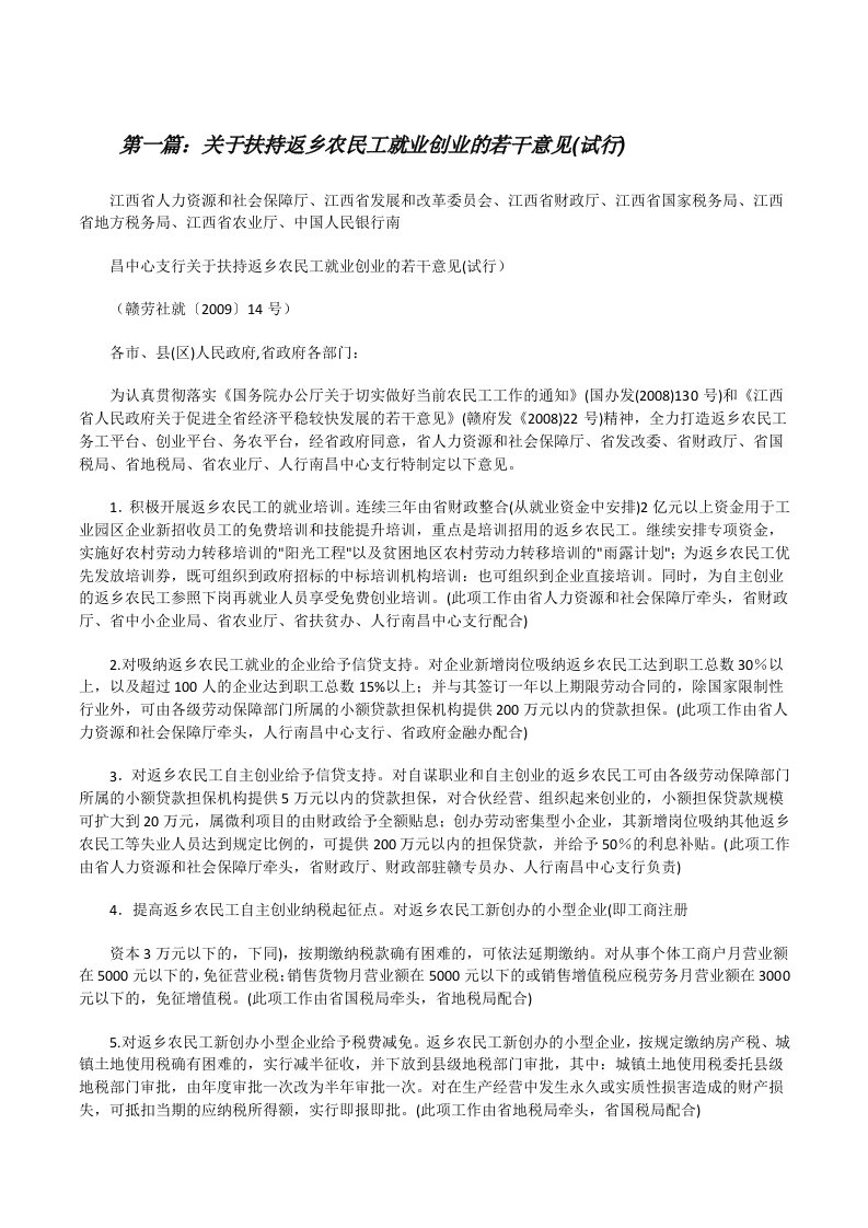 关于扶持返乡农民工就业创业的若干意见(试行)（5篇模版）[修改版]