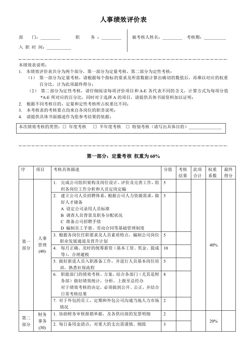 人事绩效评价表