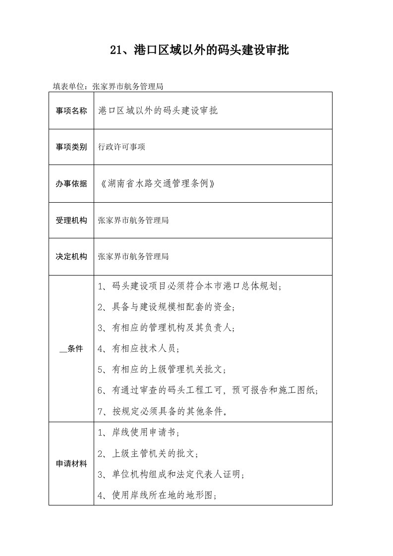 港口区域以外的码头建设审批