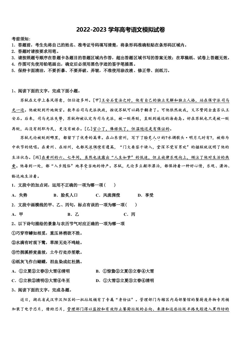 广东省惠州市惠东县惠东荣超中学2022-2023学年高三3月份第一次模拟考试语文试卷含解析