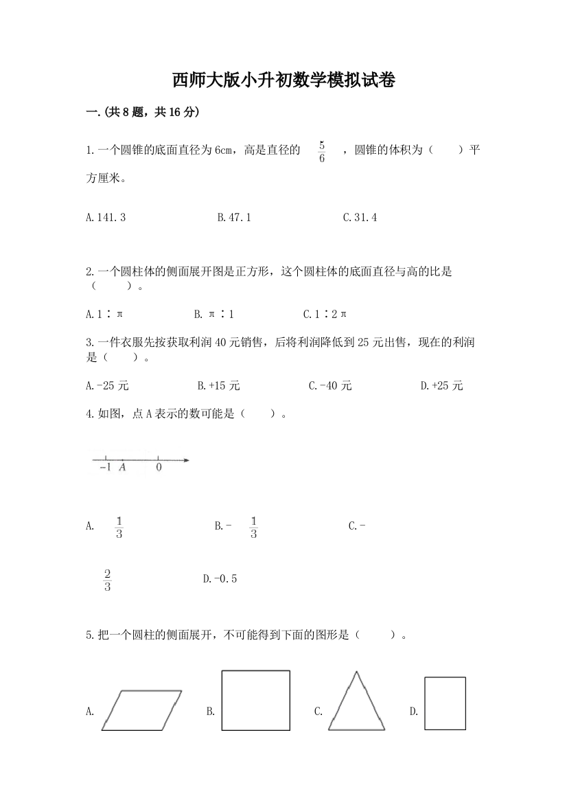 西师大版小升初数学模拟试卷【巩固】