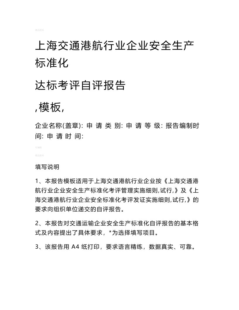 上海交通港航行业安全生产标准化自评报告(模板)