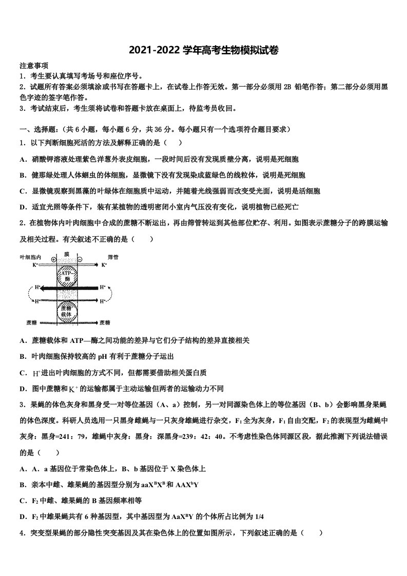 天津市复兴中学2021-2022学年高三一诊考试生物试卷含解析