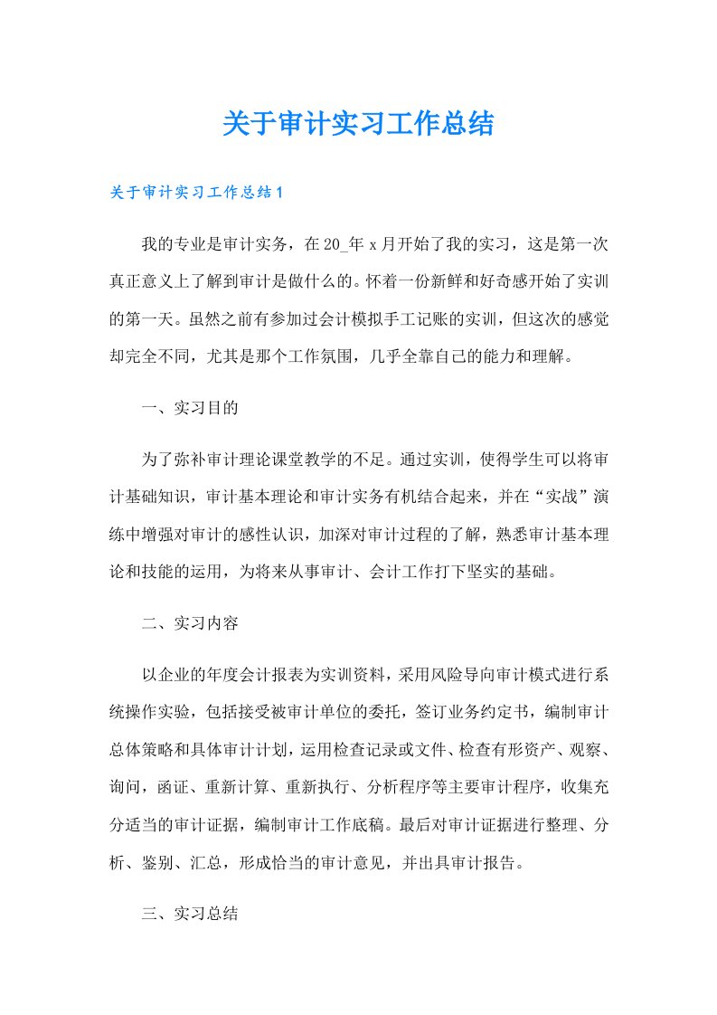 关于审计实习工作总结