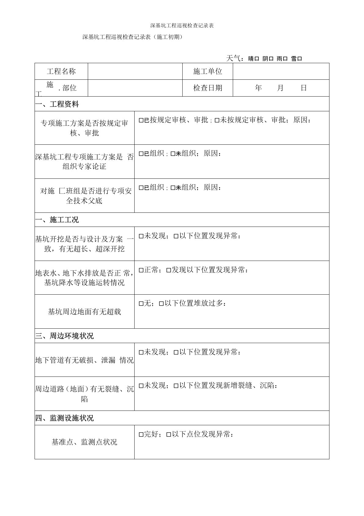 深基坑工程巡视检查记录表