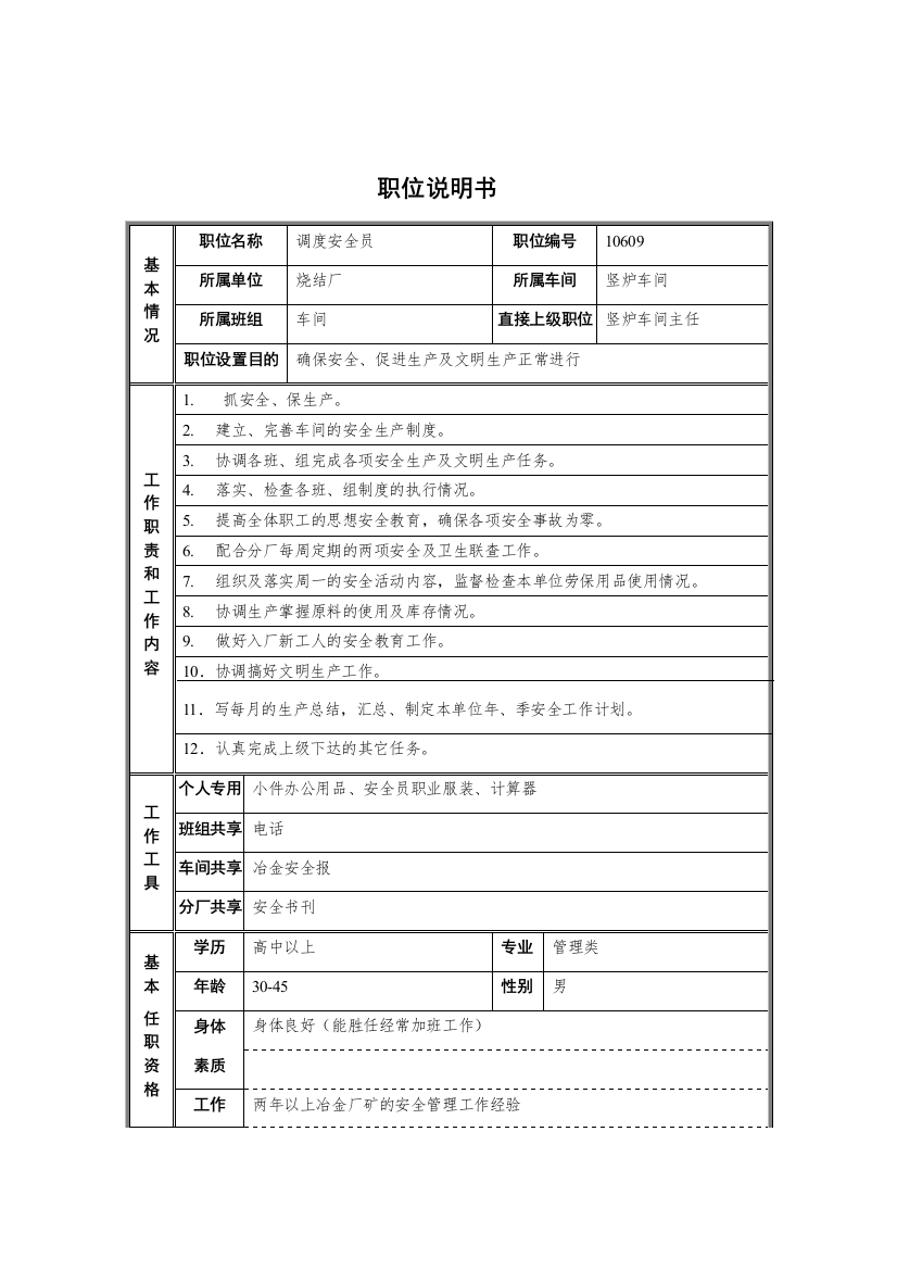 烧结厂竖炉车间调度安全员职位说明书