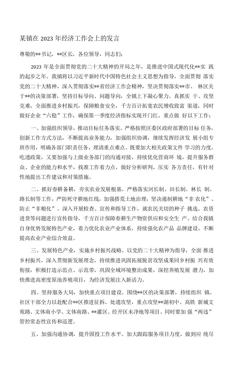 某镇在2023年经济工作会上的发言