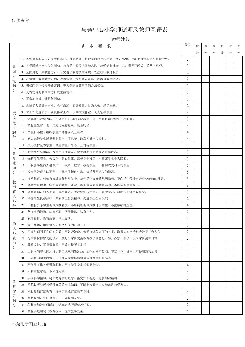 马寨小学师德师风教师互评表