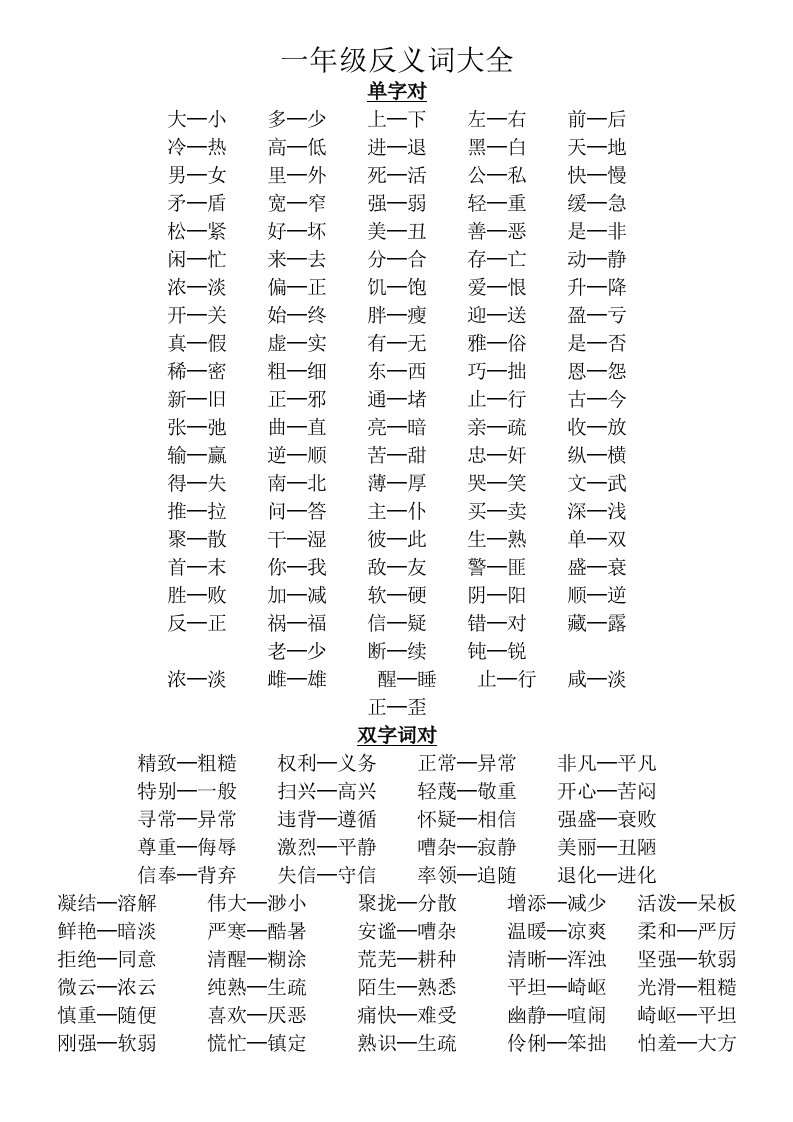 小学一年级-反义词大全