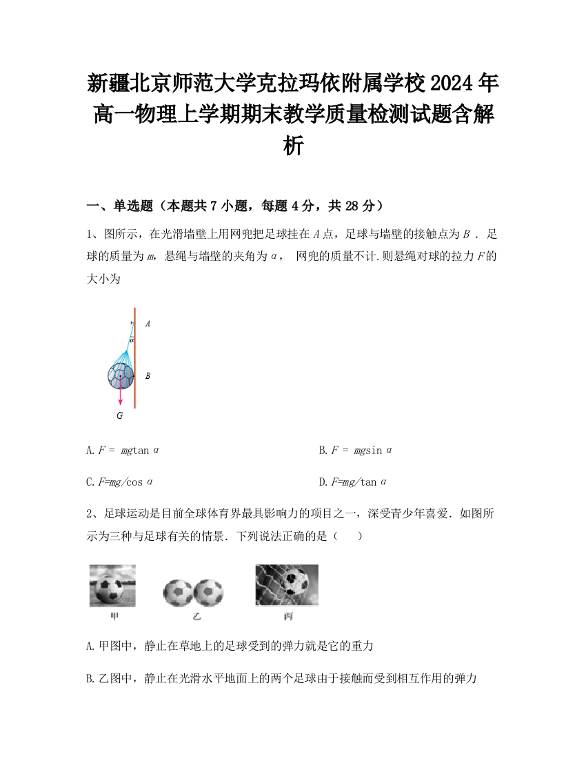 新疆北京师范大学克拉玛依附属学校2024年高一物理上学期期末教学质量检测试题含解析