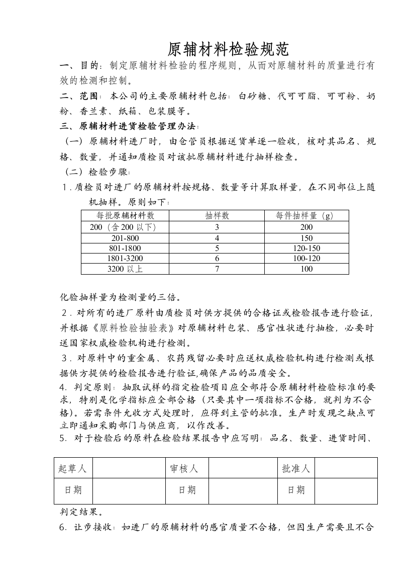 食品公司原辅材料检验规范