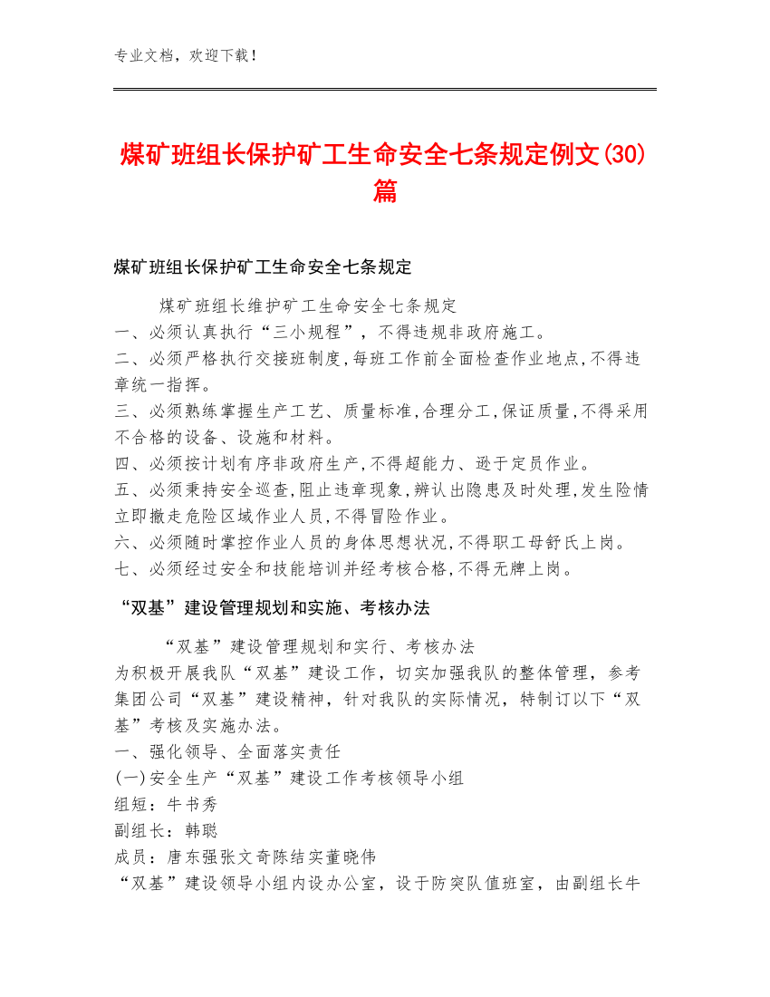 煤矿班组长保护矿工生命安全七条规定例文(30)篇