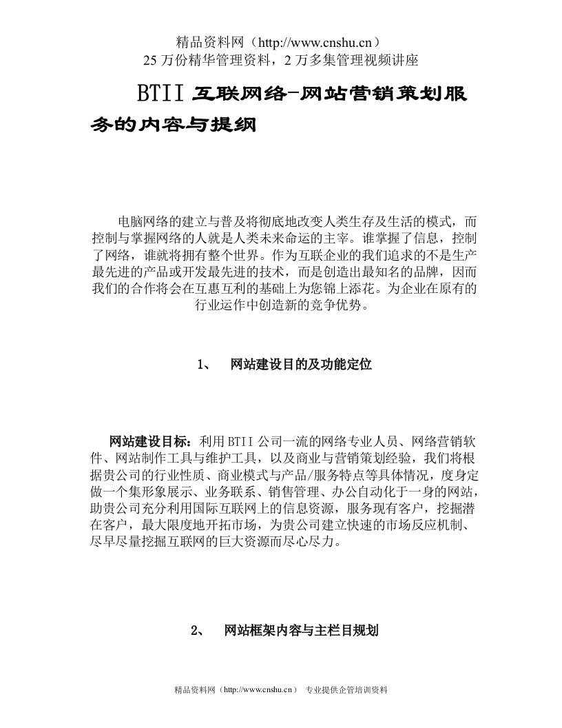 BTII互联网—网站营销策划服务的内容与提纲（DOC