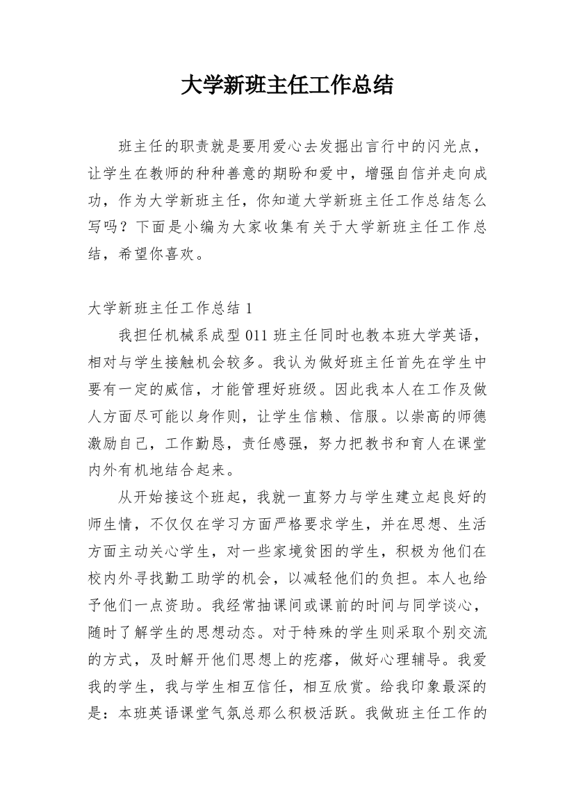 大学新班主任工作总结