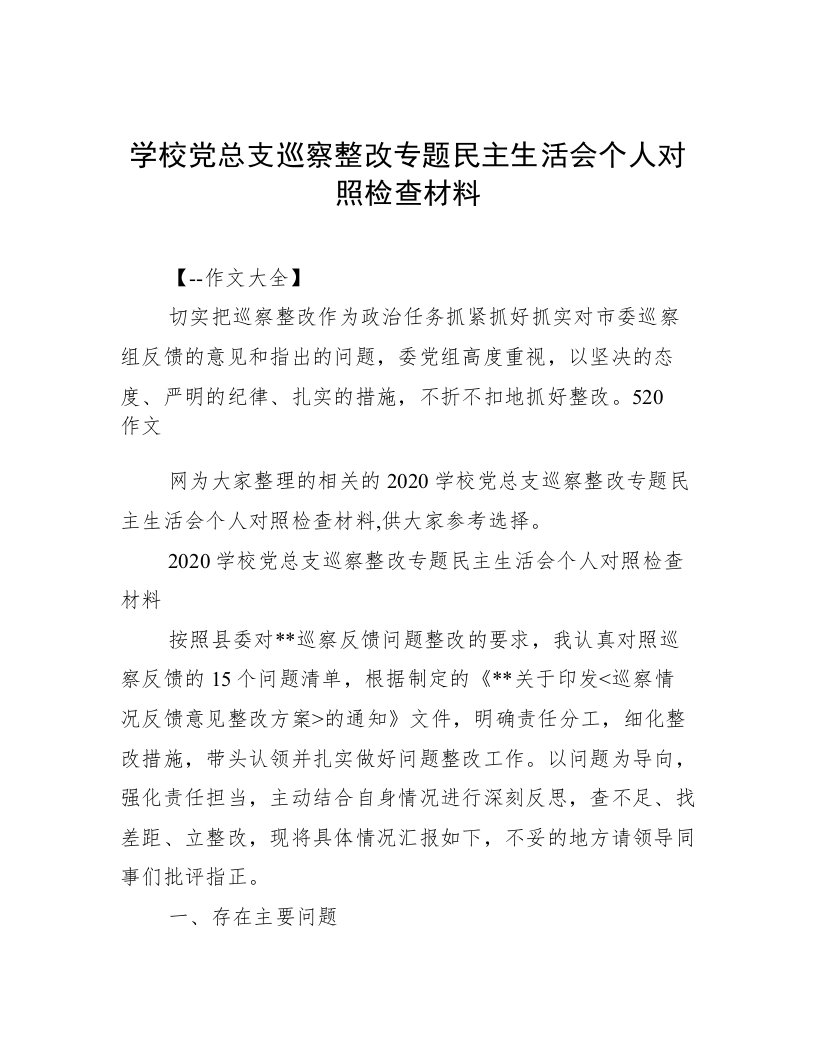 学校党总支巡察整改专题民主生活会个人对照检查材料