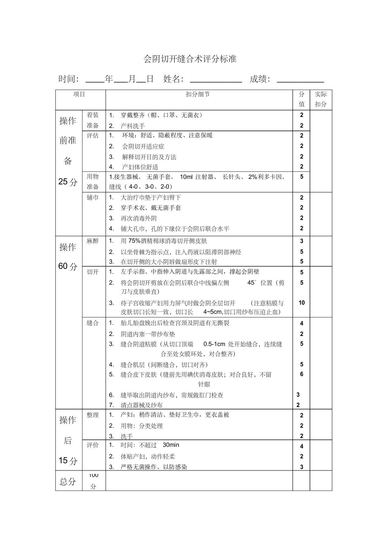 会阴切开缝合术评分标准