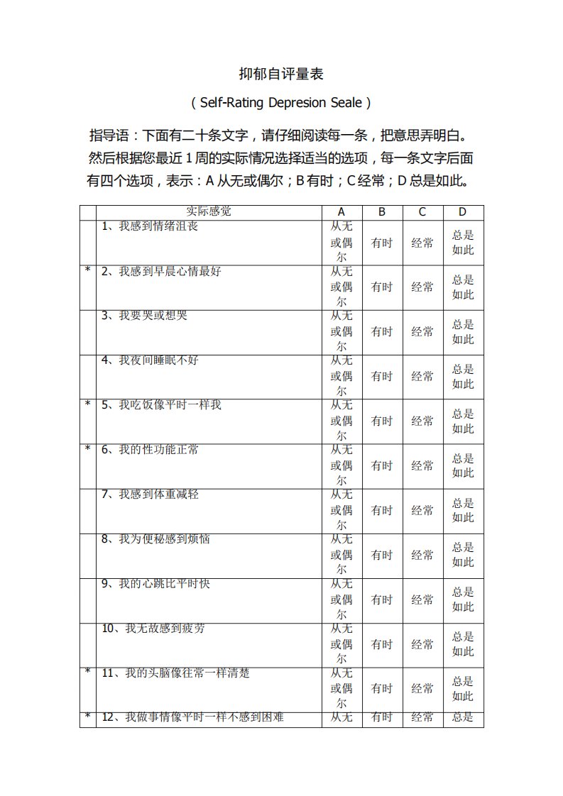 抑郁自评量表(SDS)量表和评分标准