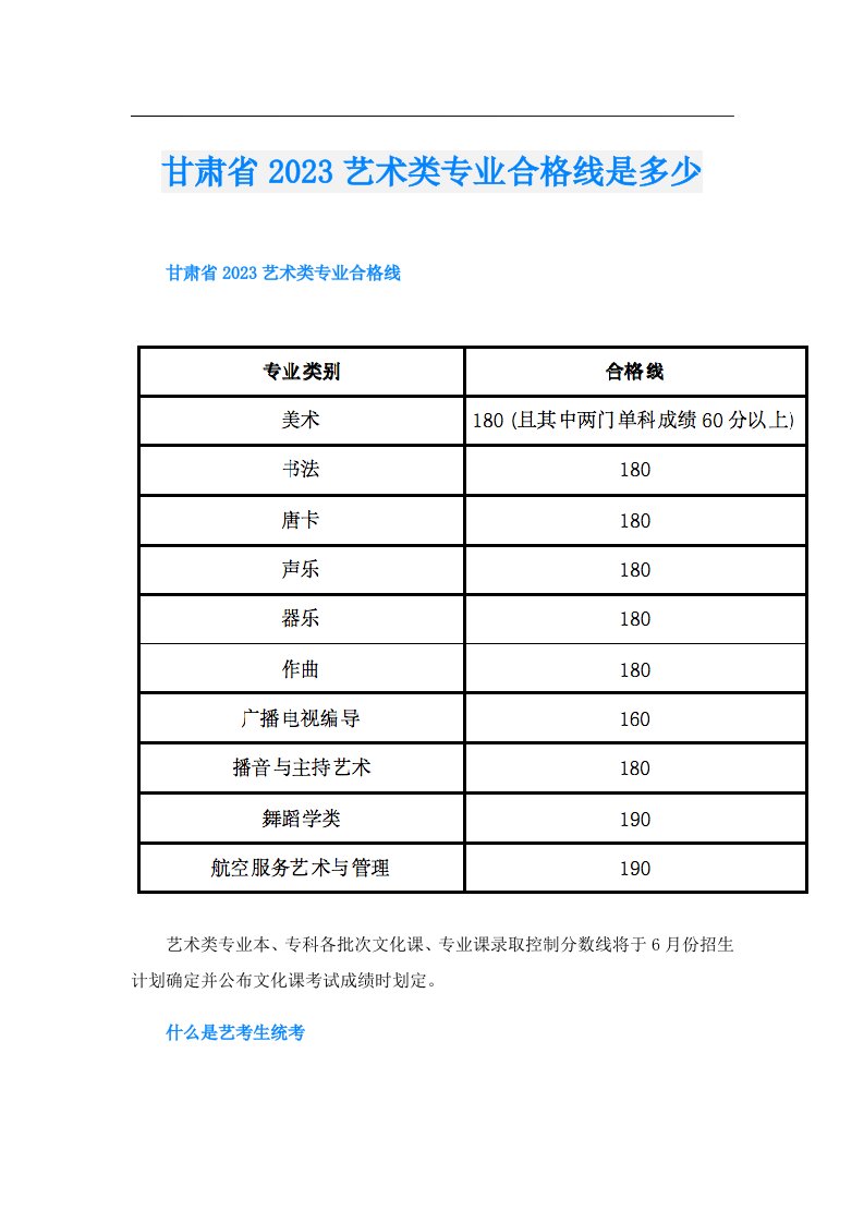 甘肃省艺术类专业合格线是多少