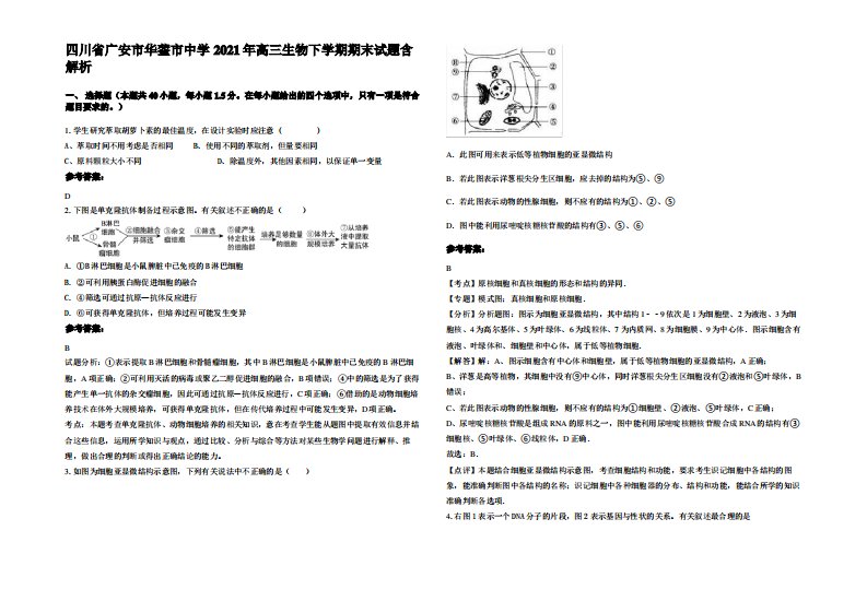 四川省广安市华蓥市中学2021年高三生物下学期期末试题含解析