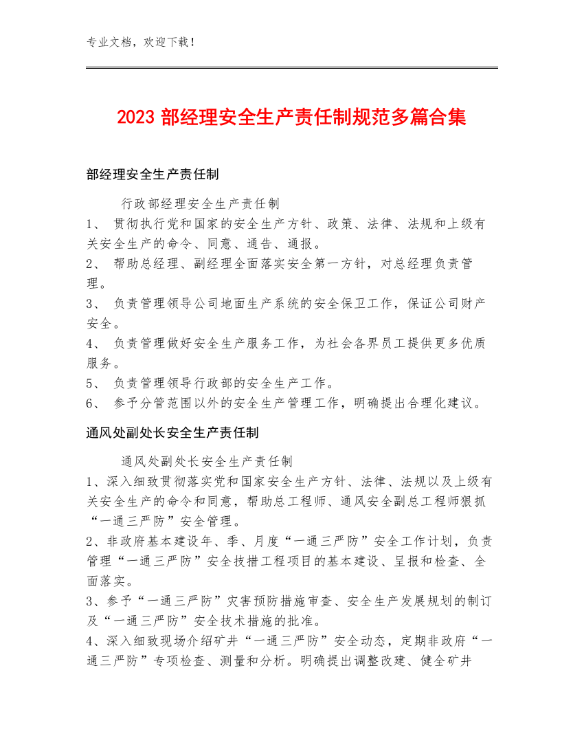 2023部经理安全生产责任制规范多篇合集