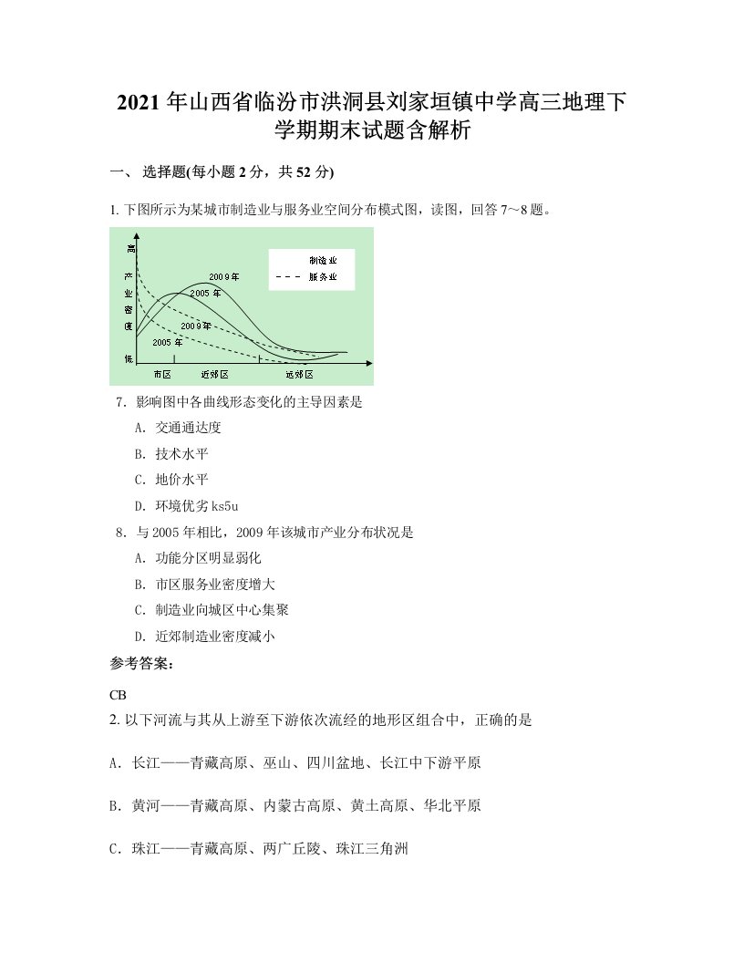 2021年山西省临汾市洪洞县刘家垣镇中学高三地理下学期期末试题含解析