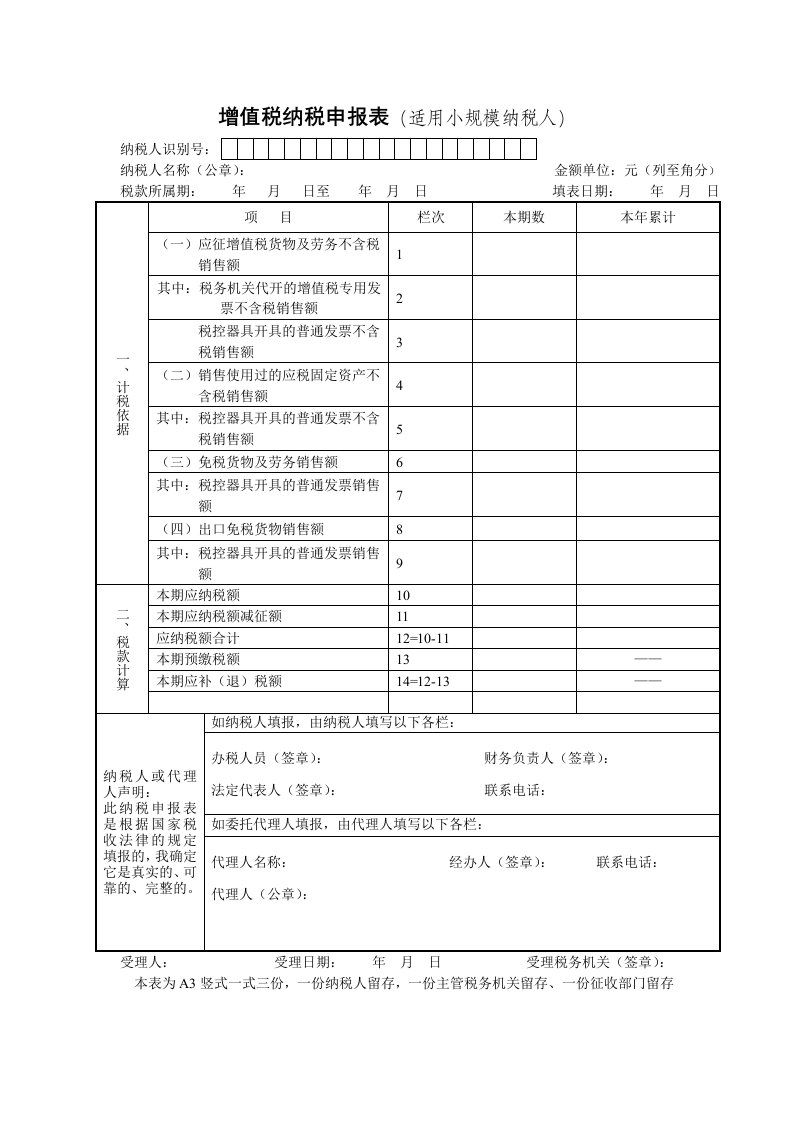 增值税纳税申报表适用小规模纳税人