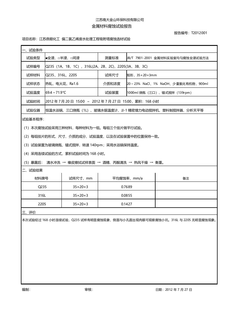 挂片试验报告表