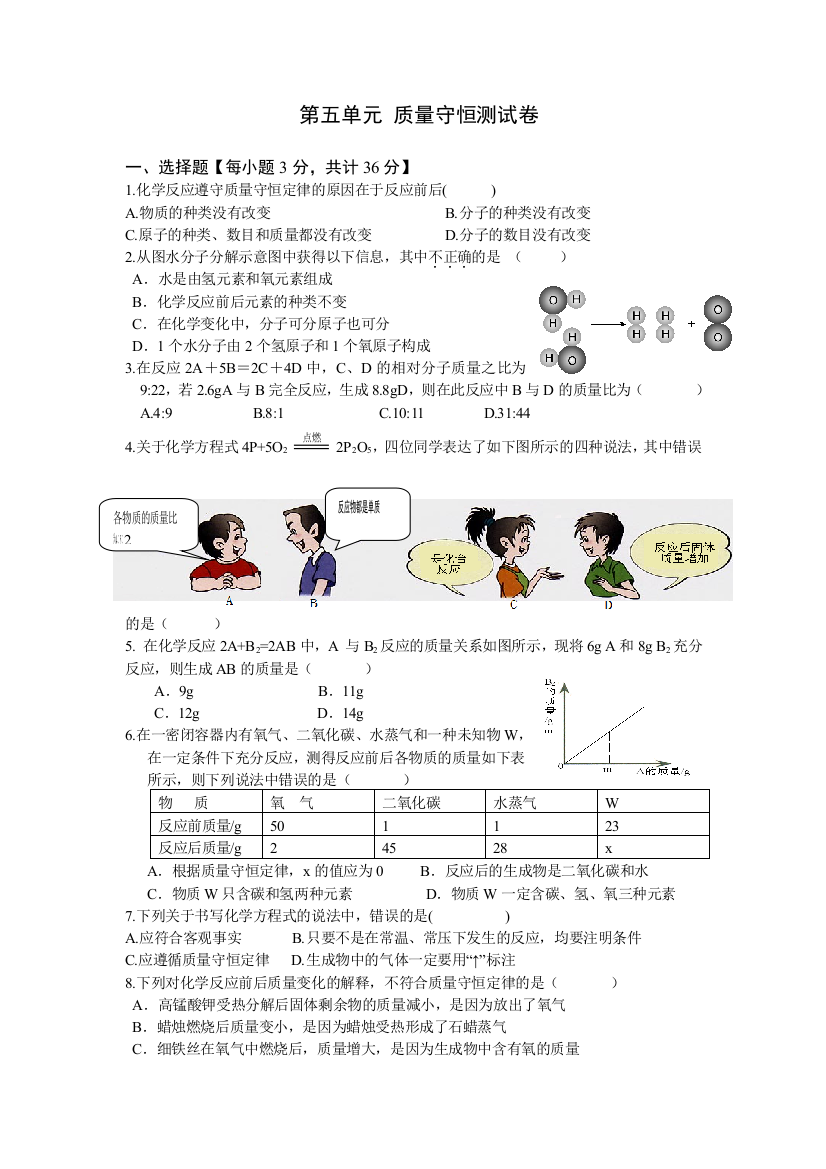 质量守恒定律单元测试题