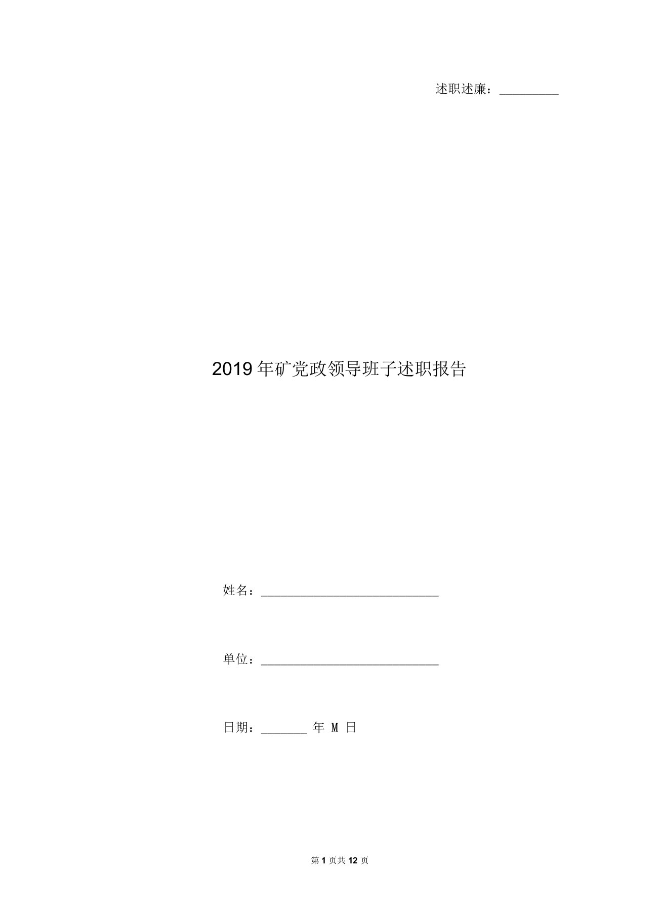 2019年矿党政领导班子述职报告