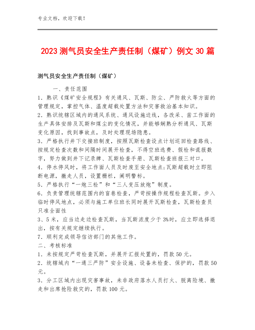 2023测气员安全生产责任制（煤矿）例文30篇