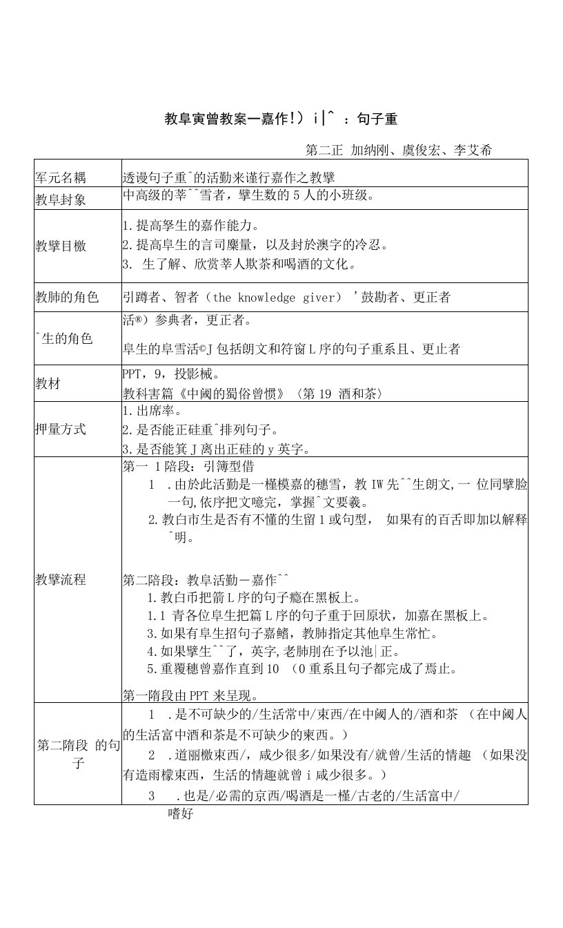 最新精品教学实习教案写作训练：句子重组