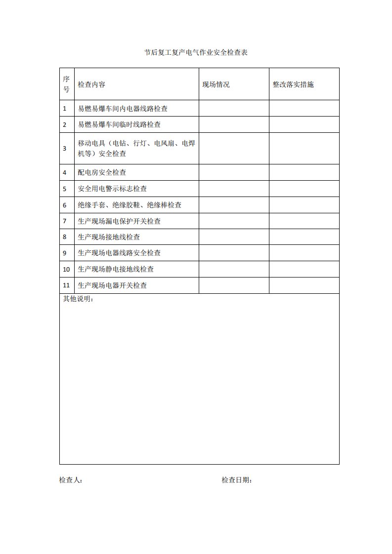 节后复工复产电气作业安全检查表