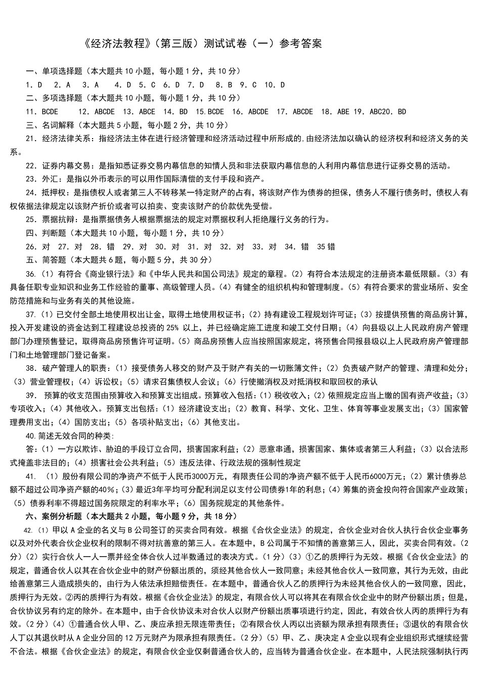 经济法教程教学全套课件第三版曲振涛试卷一答案