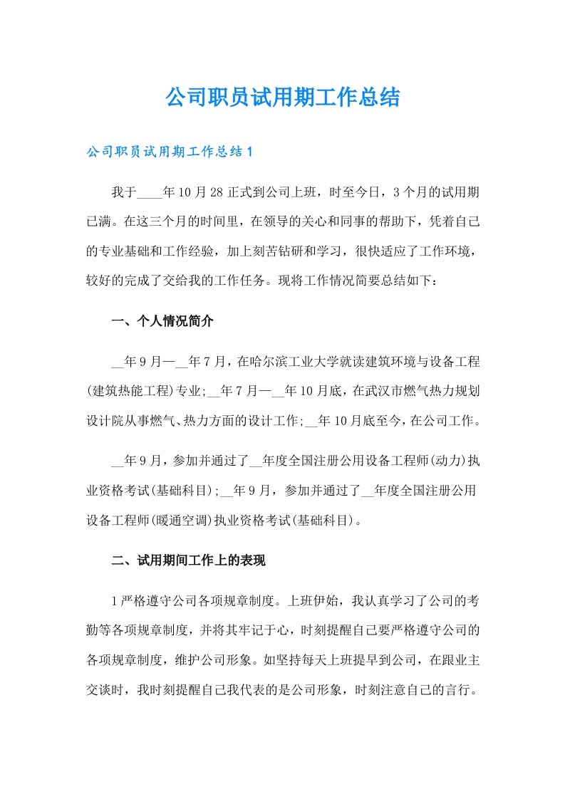 公司职员试用期工作总结