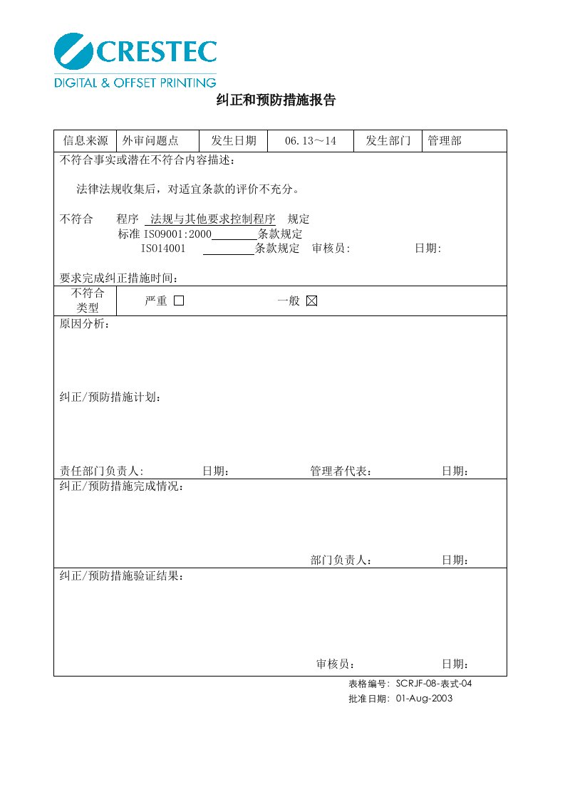 x日本企业纠正和预防措施报告全套(45个文件)-2MSCRJF-08-表式-04纠正和预防措施报告（问题点15－管）-其它制度表格