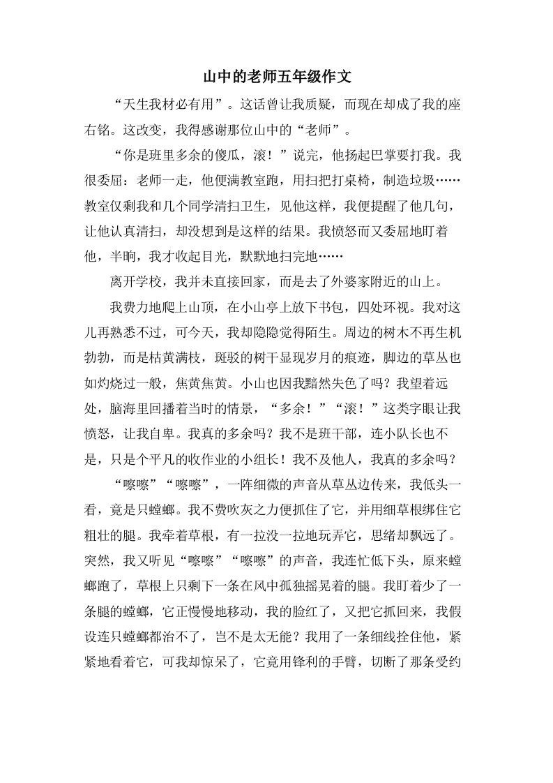 山中的老师五年级作文