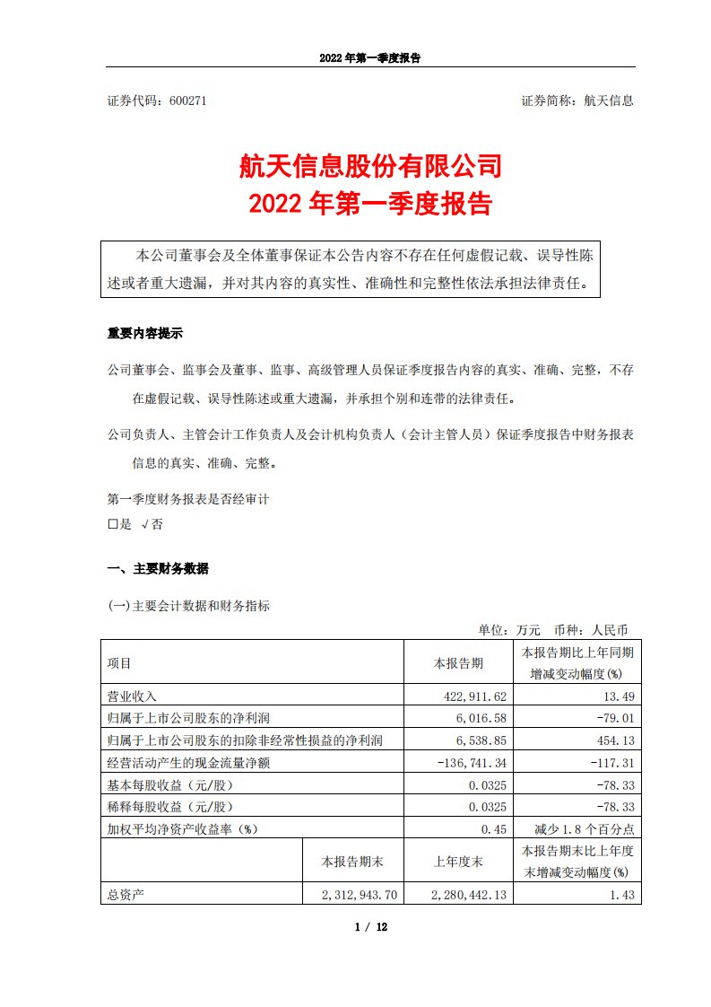 上交所-航天信息股份有限公司2022年第一季度报告-20220429