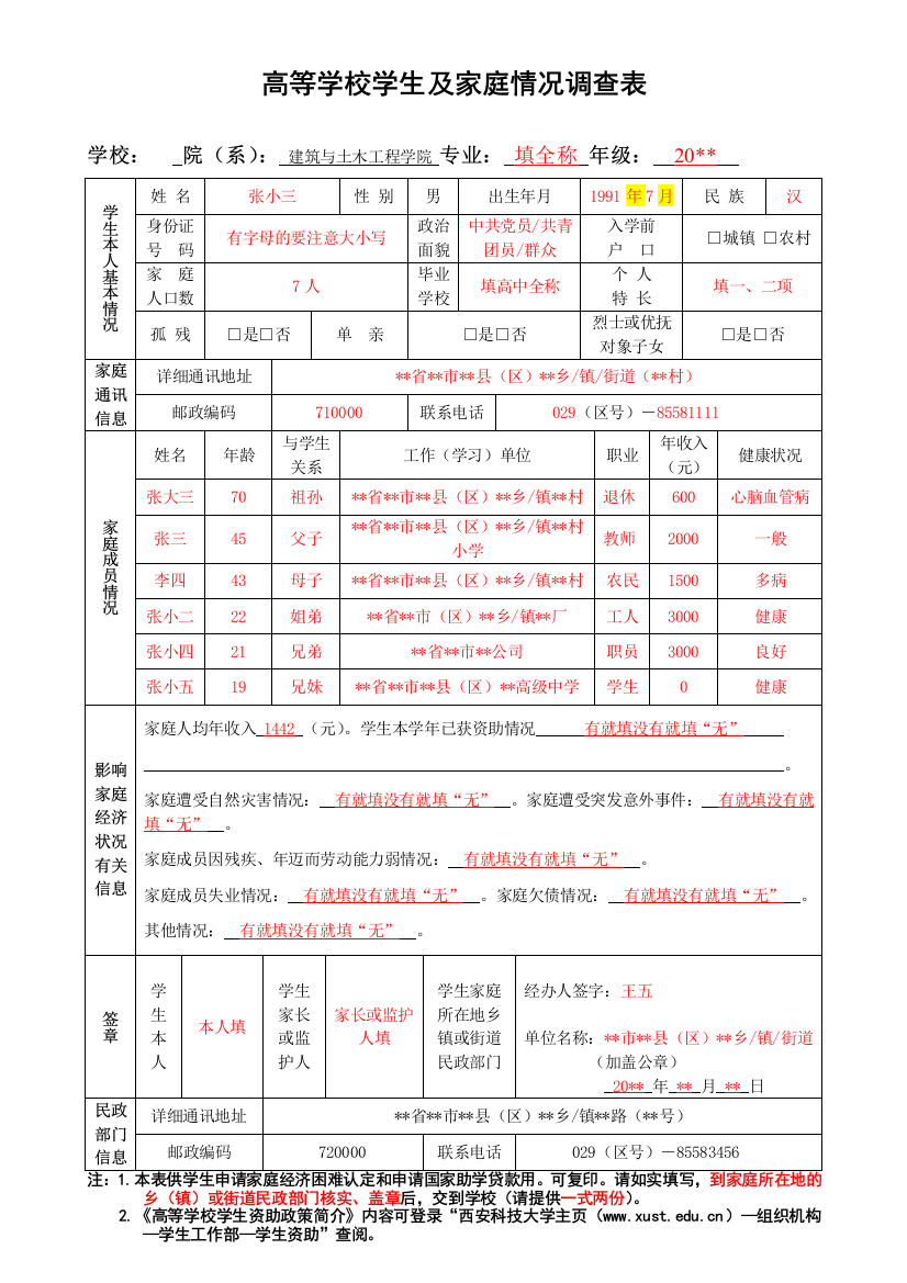 高等学校学生及家庭情况调查表【范表】