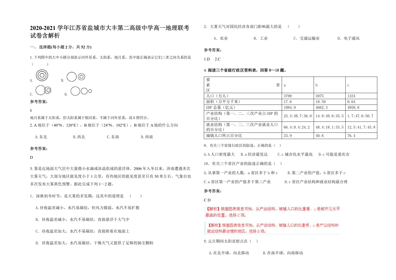 2020-2021学年江苏省盐城市大丰第二高级中学高一地理联考试卷含解析