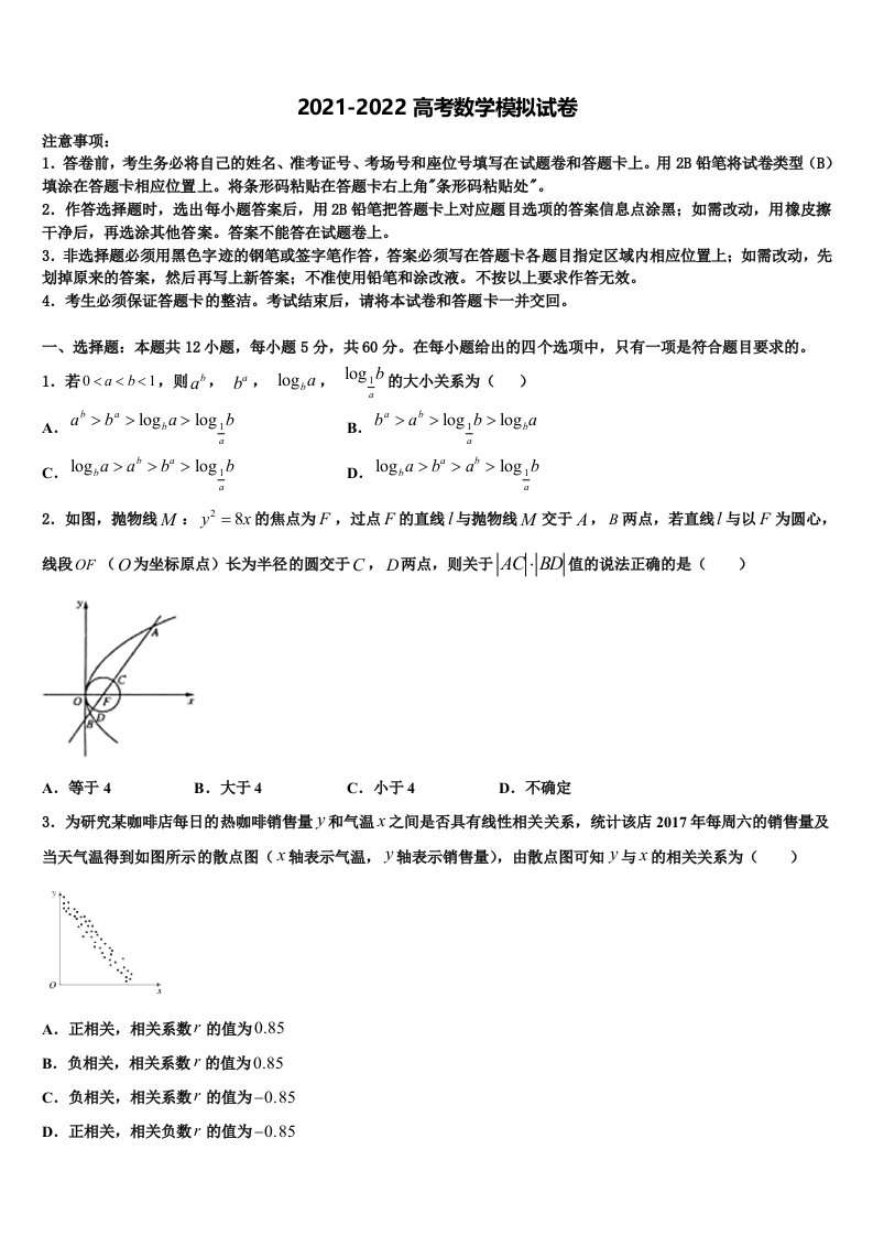 2022届陕西省咸阳市武功县普集高级中学高三第四次模拟考试数学试卷含解析